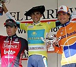 The final podium of the Vuelta al Pais Vasco 2008: Evans, Contador, Dekker